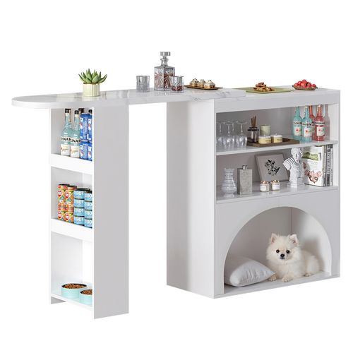 Table D'appoint 120(+80)×40×100 Cm Avec Motif Marbre, Passage Animal, En Mdf, Blanc