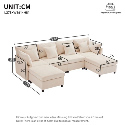 Canapé Modulable 6 Places Avec Pouf Amovible, 6 Coussins, En Tissu Chenille, Beige