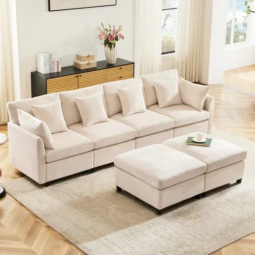 Canapé Modulable 6 Places Avec Pouf Amovible, 6 Coussins, En Tissu Chenille, Beige