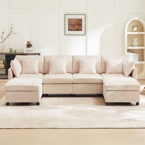 Canapé Modulable 6 Places Avec Pouf Amovible, 6 Coussins, En Tissu Chenille, Beige