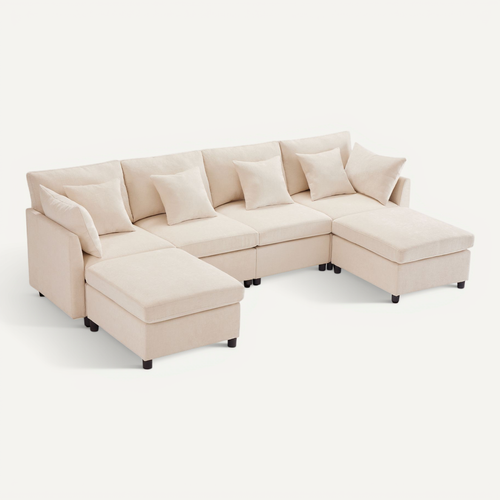 Canapé Modulable 6 Places Avec Pouf Amovible, 6 Coussins, En Tissu Chenille, Beige