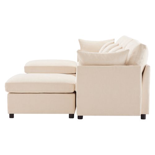 Canapé Modulable 6 Places Avec Pouf Amovible, 6 Coussins, En Tissu Chenille, Beige