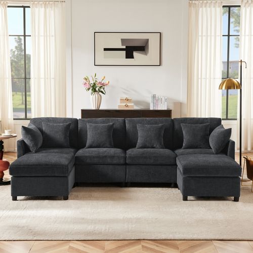 Canapé Modulable Avec 6 Places, Ottoman Amovible, 6 Coussins, En Tissu Chenille, Gris