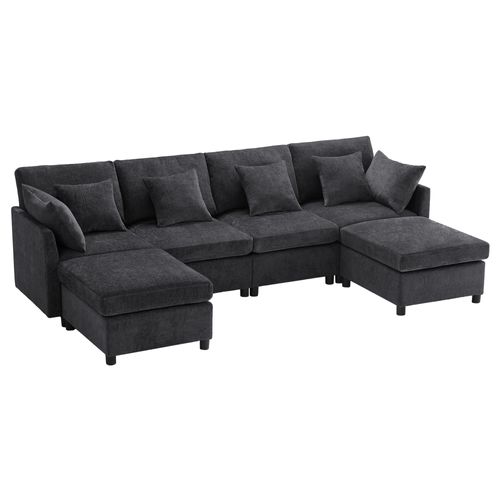 Canapé Modulable Avec 6 Places, Ottoman Amovible, 6 Coussins, En Tissu Chenille, Gris