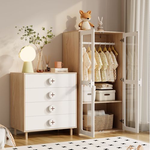 Ensemble De Meuble: Armoire 80x50x150 Cm, Commode Avec 4 Tiroirs, Mdf, Blanc+naturel