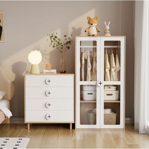Ensemble De Meuble: Armoire 80x50x150 Cm, Commode Avec 4 Tiroirs, Mdf, Blanc+naturel
