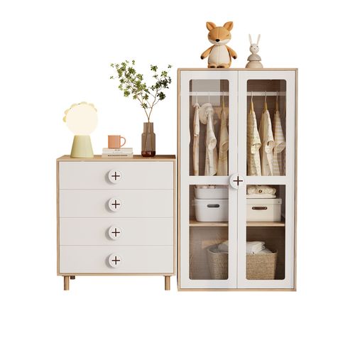 Ensemble De Meuble: Armoire 80x50x150 Cm, Commode Avec 4 Tiroirs, Mdf, Blanc+naturel