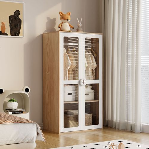 Lot De 2 Armoires 80x50x150 Cm Avec 4 Portes Acryliques, Tringle, En Mdf, Blanc+bois Naturel