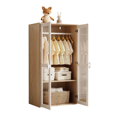 Lot De 2 Armoires 80x50x150 Cm Avec 4 Portes Acryliques, Tringle, En Mdf, Blanc+bois Naturel