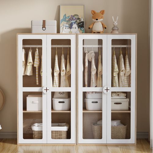 Lot De 2 Armoires 80x50x150 Cm Avec 4 Portes Acryliques, Tringle, En Mdf, Blanc+bois Naturel