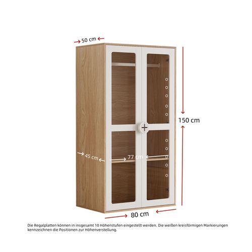 Lot De 2 Armoires 80x50x150 Cm Avec 4 Portes Acryliques, Tringle, En Mdf, Blanc+bois Naturel