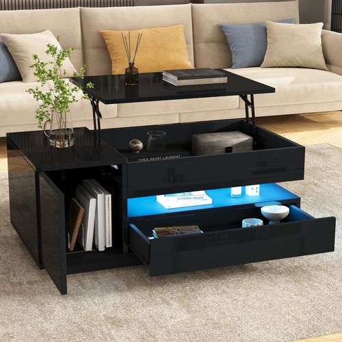 Table Basse Rectangulaire Relevable 95x50x40-54,5 Cm Avec 1 Tiroir, 1 Porte, Rangement, LED, Noire