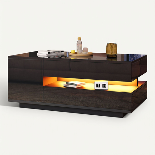 Table Basse Rectangulaire Relevable 95x50x40-54,5 Cm Avec 1 Tiroir, 1 Porte, Rangement, LED, Noire