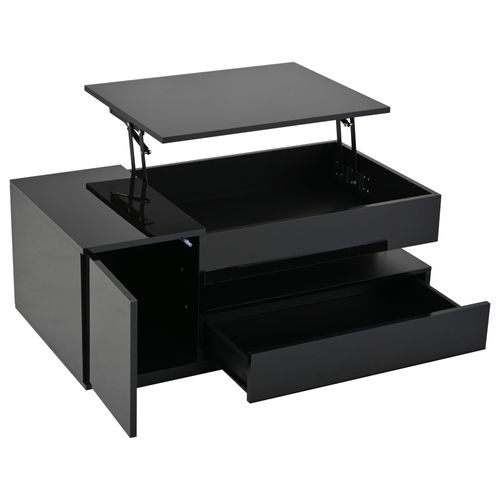 Table Basse Rectangulaire Relevable 95x50x40-54,5 Cm Avec 1 Tiroir, 1 Porte, Rangement, LED, Noire