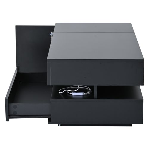 Table Basse Rectangulaire Relevable 95x50x40-54,5 Cm Avec 1 Tiroir, 1 Porte, Rangement, LED, Noire