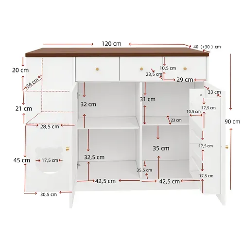 Îlot De Cuisine Extensible 120×70×90cm, Espace Animal, 3 Tiroirs, 3 Portes, Blanc Et Marron