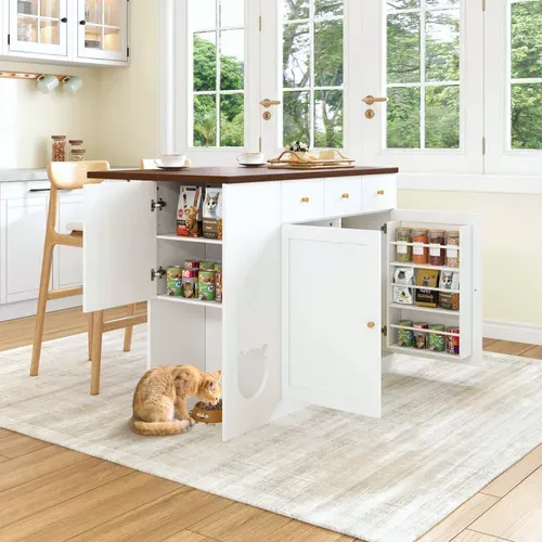 Îlot De Cuisine Extensible 120×70×90cm, Espace Animal, 3 Tiroirs, 3 Portes, Blanc Et Marron