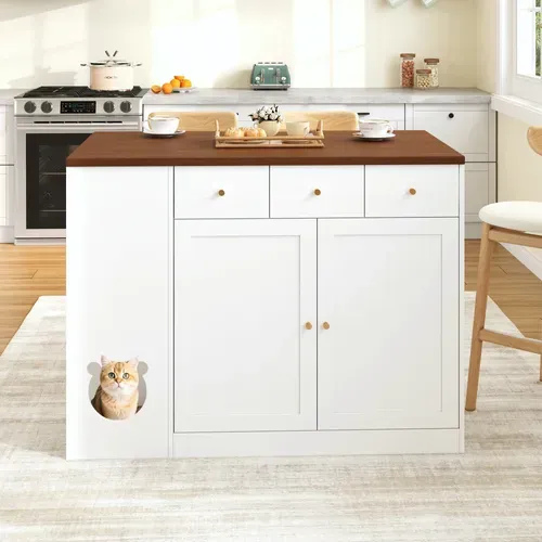 Îlot De Cuisine Extensible 120×70×90cm, Espace Animal, 3 Tiroirs, 3 Portes, Blanc Et Marron