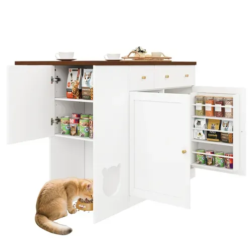 Îlot De Cuisine Extensible 120×70×90cm, Espace Animal, 3 Tiroirs, 3 Portes, Blanc Et Marron