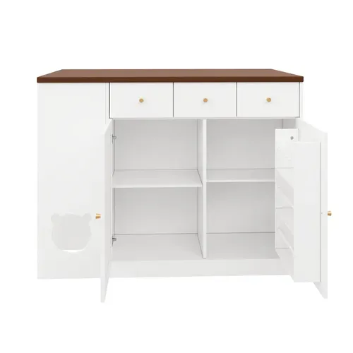Îlot De Cuisine Extensible 120×70×90cm, Espace Animal, 3 Tiroirs, 3 Portes, Blanc Et Marron