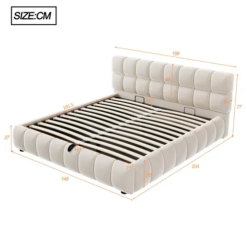 Lit Coffre Adulte 140x190cm, Rangement Hydraulique, Tête De Lit Rembourrée, En Velours, Beige