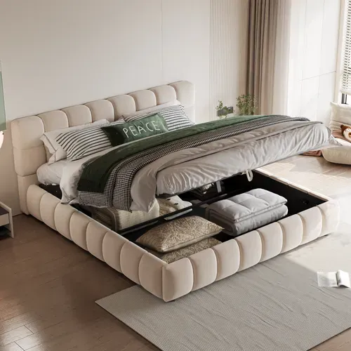 Lit Coffre Adulte 140x190cm, Rangement Hydraulique, Tête De Lit Rembourrée, En Velours, Beige
