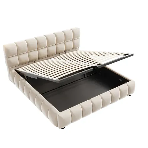 Lit Coffre Adulte 140x190cm, Rangement Hydraulique, Tête De Lit Rembourrée, En Velours, Beige