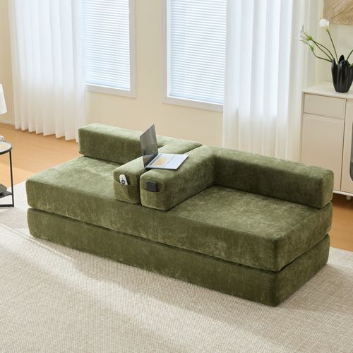 Canapé Compressé Canapé Modulable 2 Places 198x79x60 Cm Avec Poches Latérales, Chenille, Vert