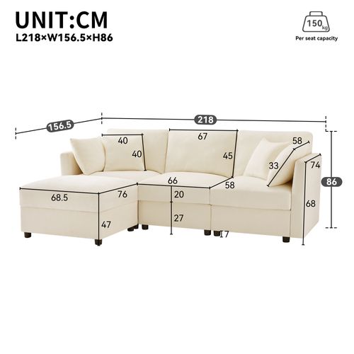 Canapé Modulaire 3 Places Avec Pouf , 4 Coussins Et Accoudoirs Réglables, Tissu Chenille, Beige