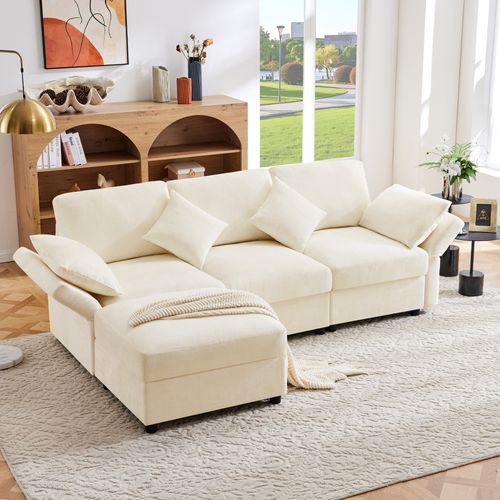 Canapé Modulaire 3 Places Avec Pouf , 4 Coussins Et Accoudoirs Réglables, Tissu Chenille, Beige