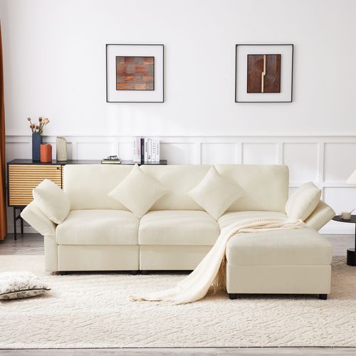 Canapé Modulaire 3 Places Avec Pouf , 4 Coussins Et Accoudoirs Réglables, Tissu Chenille, Beige