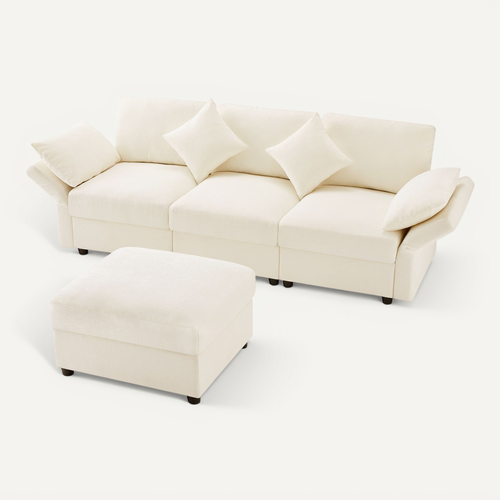 Canapé Modulaire 3 Places Avec Pouf , 4 Coussins Et Accoudoirs Réglables, Tissu Chenille, Beige