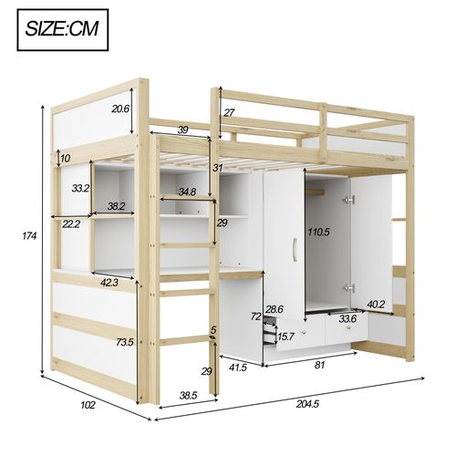 Lit Mezzanine 90x200cm Avec Armoire, 2 Tiroirs Et Bureau, Coloris Bois Et Blanc