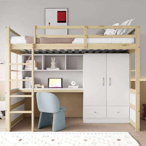 Lit Mezzanine 90x200cm Avec Armoire, 2 Tiroirs Et Bureau, Coloris Bois Et Blanc