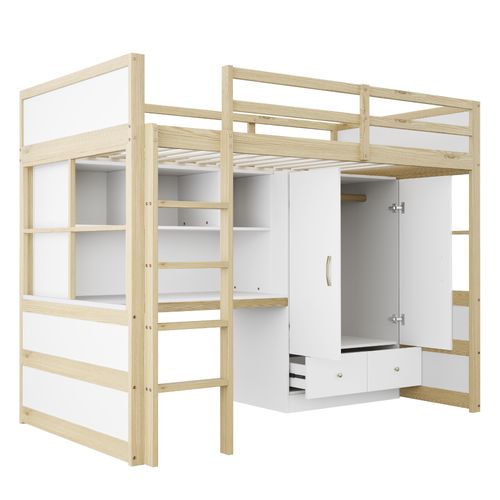 Lit Mezzanine 90x200cm Avec Armoire, 2 Tiroirs Et Bureau, Coloris Bois Et Blanc