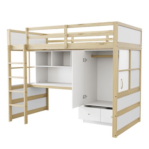Lit Mezzanine 90x200cm Avec Armoire, 2 Tiroirs Et Bureau, Coloris Bois Et Blanc