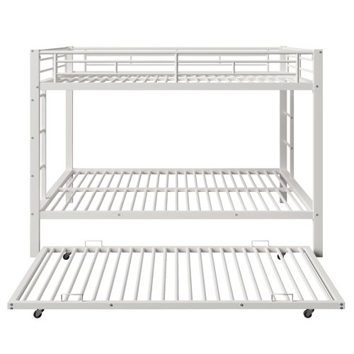 Lit Superposé 140x200 Cm x2 + Lit Gigogne 90x190 Cm Avec Barrières De Sécurité, Métal, Blanc