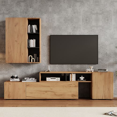 Ensemble Meuble TV Mural, Vitrine, 4 Portes, Étagères Ouvertes, Panneaux Particules, Couleur Bois