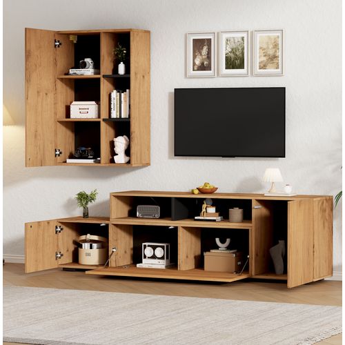 Ensemble Meuble TV Mural, Vitrine, 4 Portes, Étagères Ouvertes, Panneaux Particules, Couleur Bois