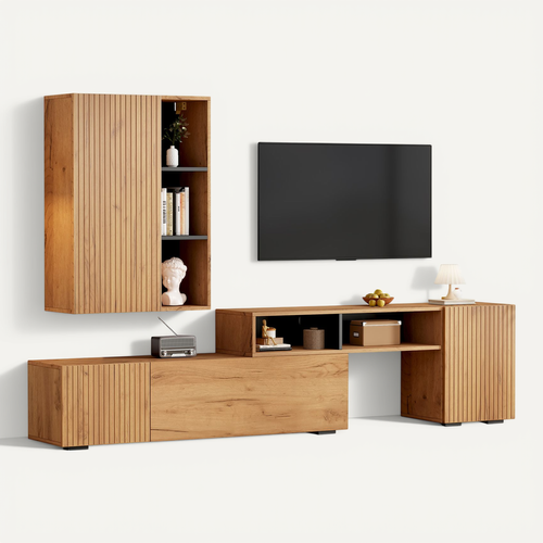 Ensemble Meuble TV Mural, Vitrine, 4 Portes, Étagères Ouvertes, Panneaux Particules, Couleur Bois