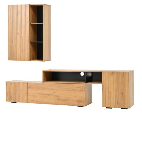 Ensemble Meuble TV Mural, Vitrine, 4 Portes, Étagères Ouvertes, Panneaux Particules, Couleur Bois