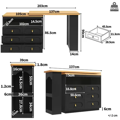 Table De Bar Extensible 203x39x90 Cm, Rotation Fluide à 360°, 6 Tiroirs, Compartiment Ouvert, Noir