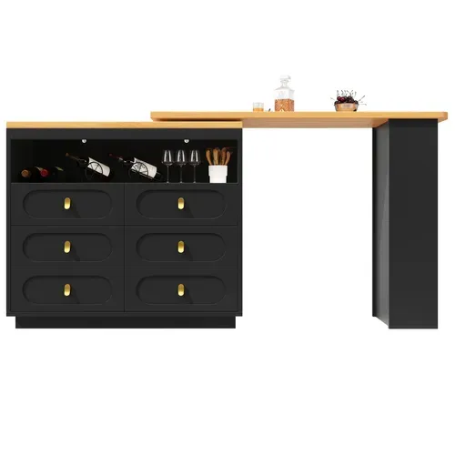 Table De Bar Extensible 203x39x90 Cm, Rotation Fluide à 360°, 6 Tiroirs, Compartiment Ouvert, Noir