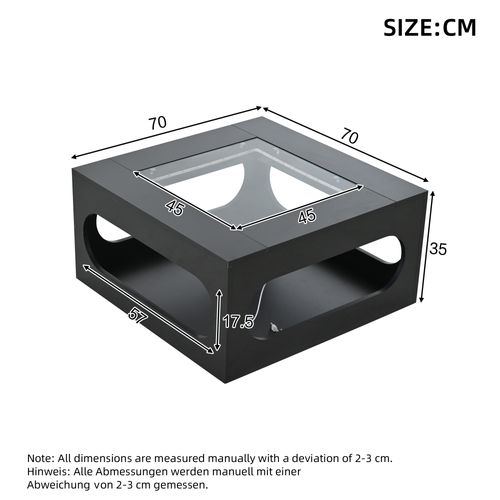 Table Basse Carrée 70x70x35cm, LED, Plateau En Verre Trempé, Centre Ajouré, Noir Brillante