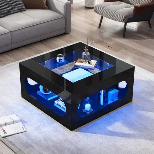 Table Basse Carrée 70x70x35cm, LED, Plateau En Verre Trempé, Centre Ajouré, Noir Brillante