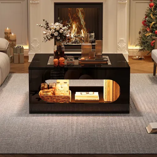 Table Basse Carrée 70x70x35cm, LED, Plateau En Verre Trempé, Centre Ajouré, Noir Brillante