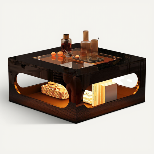 Table Basse Carrée 70x70x35cm, LED, Plateau En Verre Trempé, Centre Ajouré, Noir Brillante