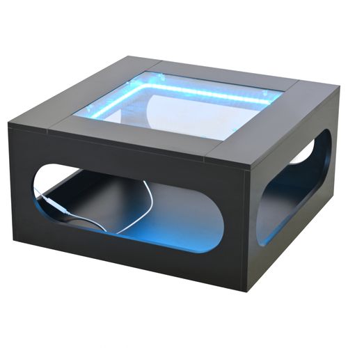 Table Basse Carrée 70x70x35cm, LED, Plateau En Verre Trempé, Centre Ajouré, Noir Brillante