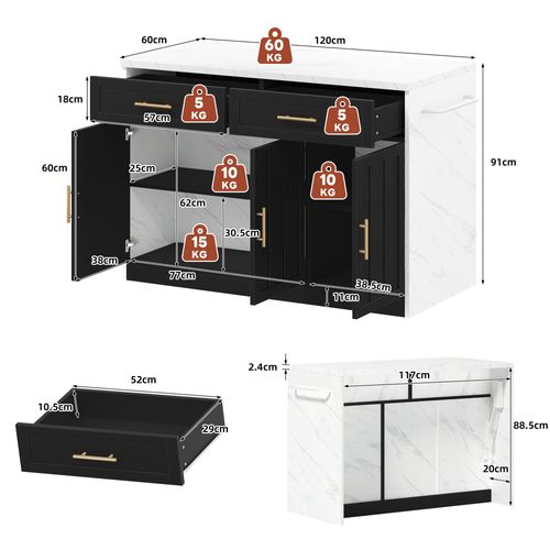 Chariot De Cuisine 120x60x91 Cm Avec 2 Tiroirs, 3 Portes, USB, Étagères Réglables, Mdf, Blanc, Noir