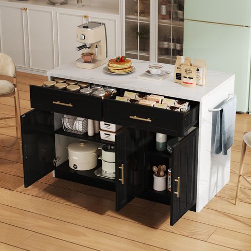Chariot De Cuisine 120x60x91 Cm Avec 2 Tiroirs, 3 Portes, USB, Étagères Réglables, Mdf, Blanc, Noir